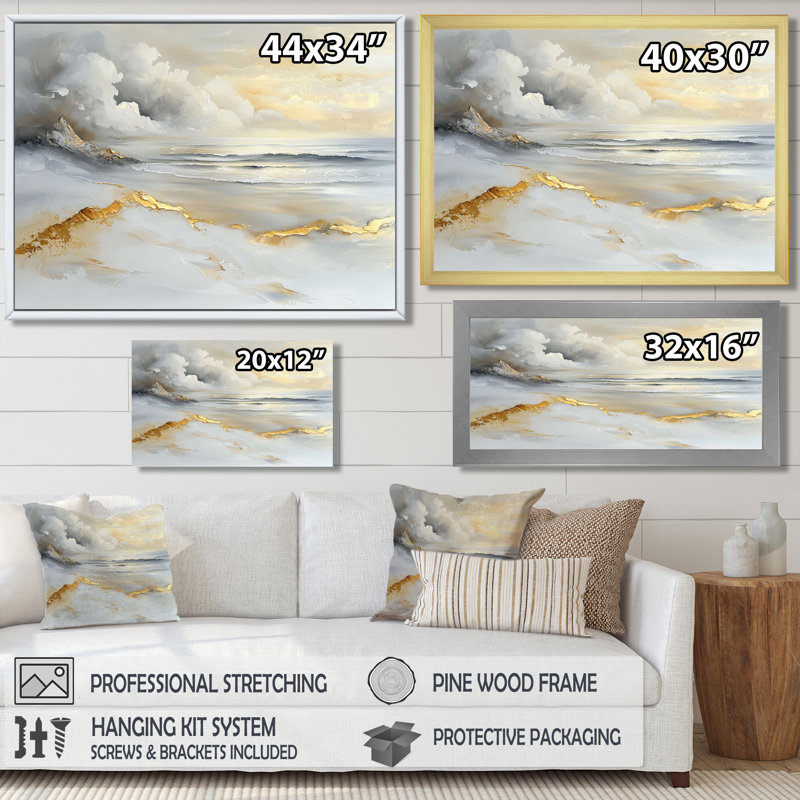 Minimalisme, plage dorée pure II - plage côtière, art mural large, H 12 po x l 20 po, Cadre flottant, Noir