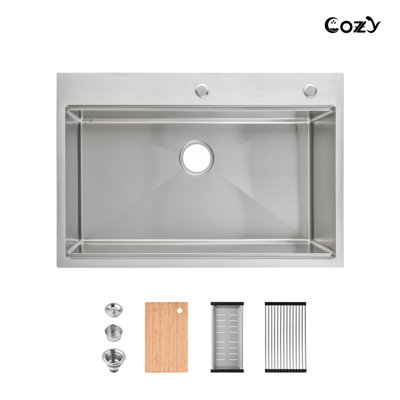33" L Drop-In Single Bowl Stainless Steel Kitchen Workstation Sink with Colander, Basket Strainer, Cutting Board, Dish Rack