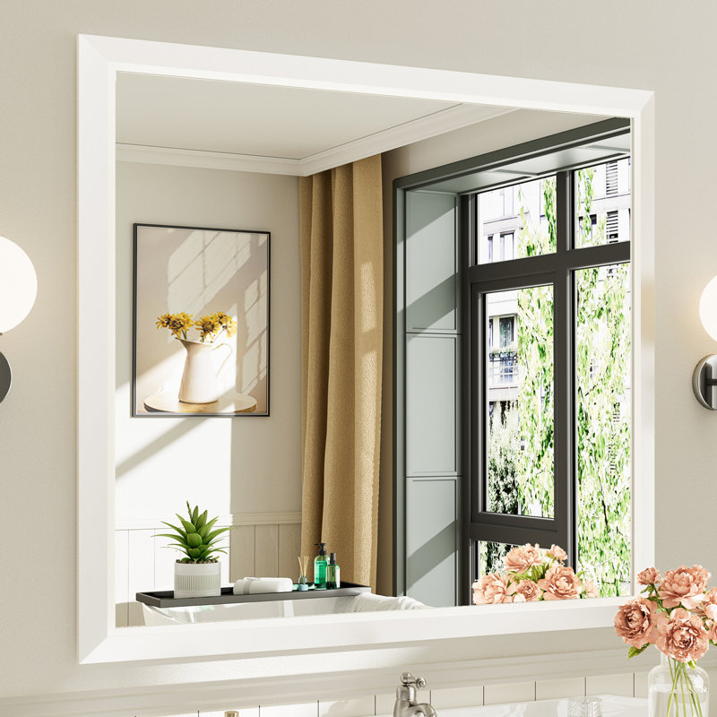 Miroirs de salle de bain modernes et contemporains en métal biseauté rectangulaire / carré avec verre trempé HD, Blanc