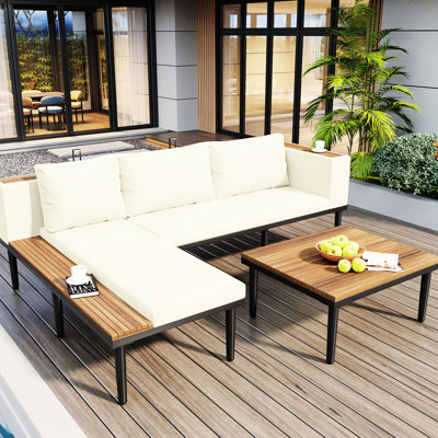 Élégante conversation extérieure avec table d'appoint intégrée et coussins épais, en bois en forme de L pour le patio, la cour arrière ou le porche, l'eau, peut accueillir 6 coussins de luxe, table de jardin, confortable,