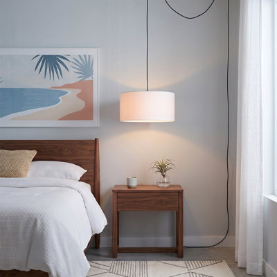 Stretch 15" Swag Lamp - Weathered Brass Steel, Steel Base, White Linen Drum Shade, Dimmable