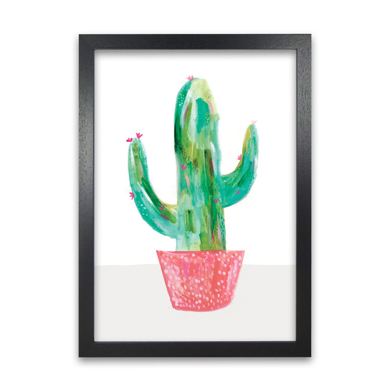 Painted Cactus In Coral Plant Pot by Laura Irwin - Print, 42cm H x 29.7cm W x 3cm D, Black Framed