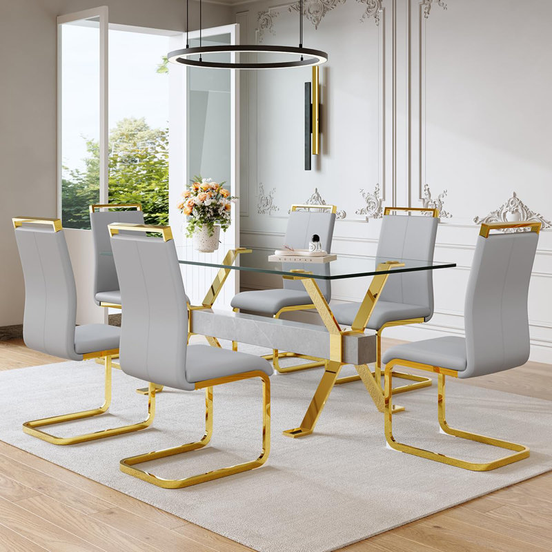 Table de salle à manger 71 "en verre pour 6 personnes, table de salle à manger moderne pour 6 personnes avec chaises en similicuir