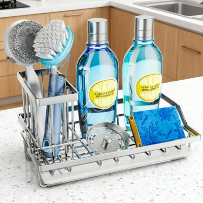 Large Stainless Steel Kitchen Sink Caddy Organizer With Removable Brush Holder And Drip Tray