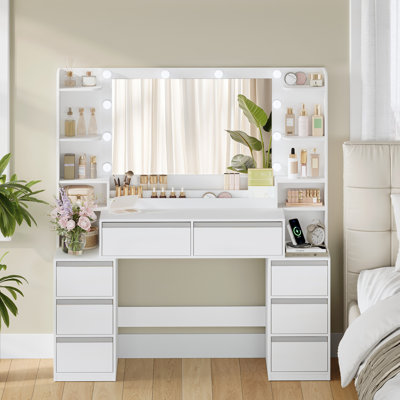 135 cm Dressing Table with Mirror, Vanity Desk with 10 LED Lights, Adjustable 3-Colour LED Lights, Makeup Desk with Plug, Hairdryer Holder, 8 Drawers, Open Storage Spaces 