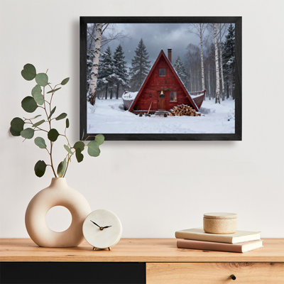 Black Framed Vintage Winter Snowhouse Wall Art Retro Style Framed Prints