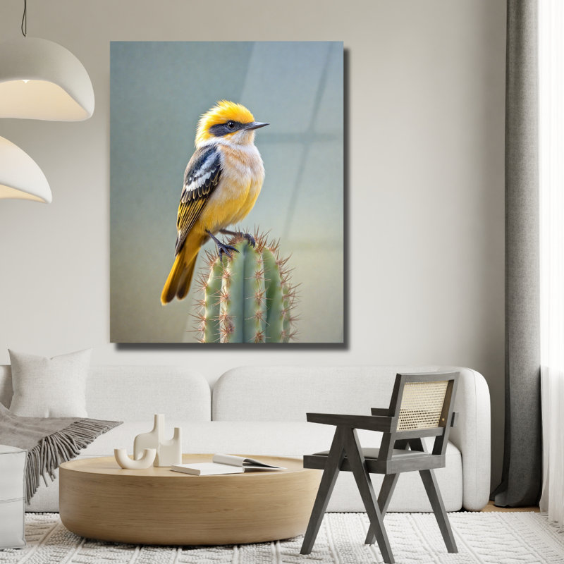 Art mural en verre trempé oiseau jaune, 20" H x 16" W