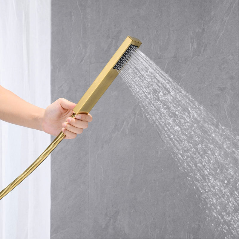 Modern Bathroom Tub Filler - Floor Mount, Brushed Gold Finish With Hand Shower & Smooth Water Flow For Comfort Elegant Waterfall Spout