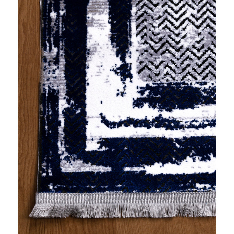 Tapis gris / bleu en viscose tissé à la machine Ridott, Rectangle 2 pi 7 po x 4 pi 11 po