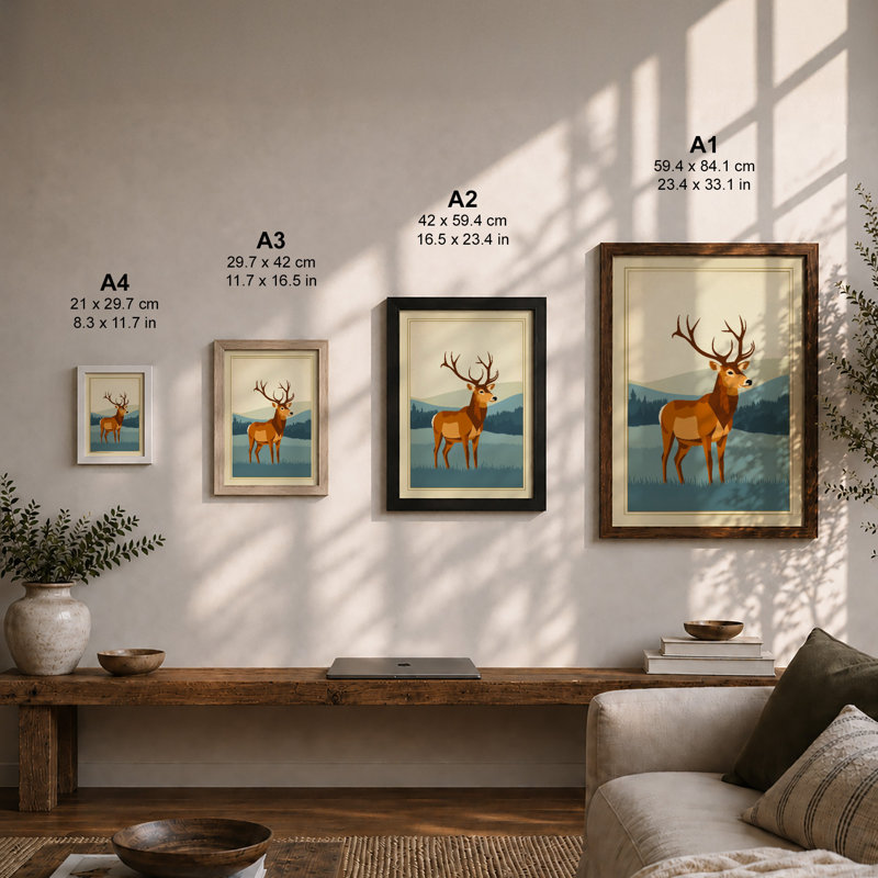 Mountain Deer Art Deco - Print, A2 - 59.4 x 42.0 cm, White