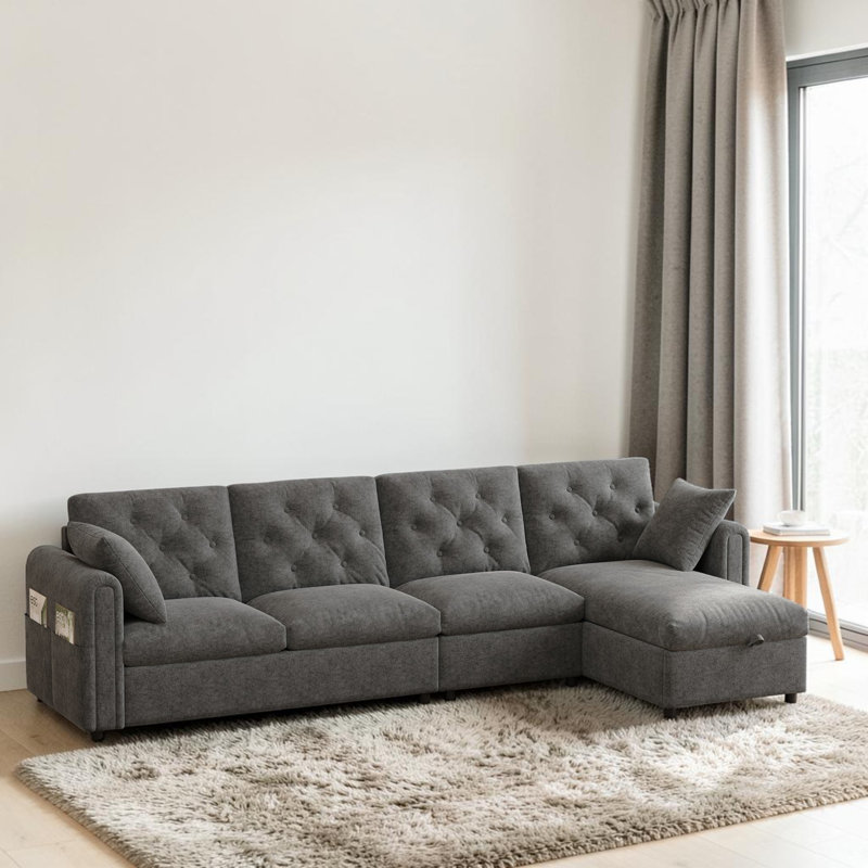 4 Seater Velvet Sofa & Chaise, Grey Velvet