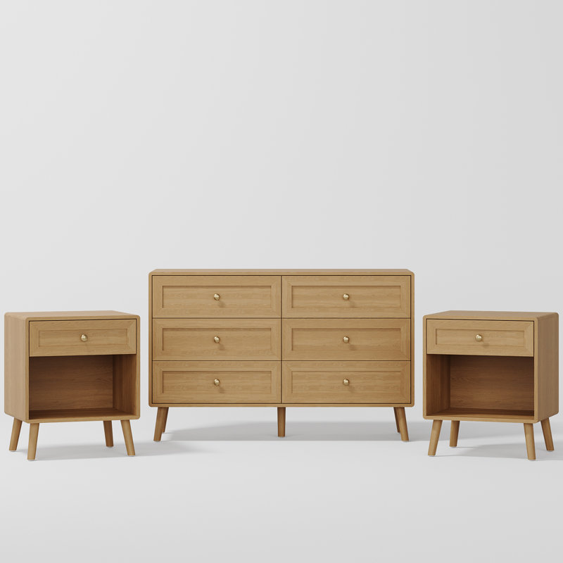 Ensemble de chambre à coucher 3 pièces, ensemble de commode à 6 tiroirs avec table de chevet et 2 bords arrondis