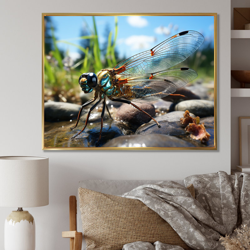 Libellule bleue flottante II - Libellule, art mural, Cadre flottant doré, H 30 po x l 40 po x P 1,5 po