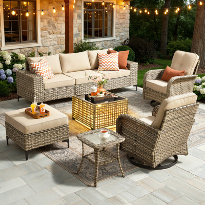 6 - Person Mostly No Assembly Required Patio Furniture Set With Swivel Rocker, Outdoor Wicker Rattan Sectional Seating Group With Cushions, All Weather Sofa Conversation Set  For Garden Backyard
