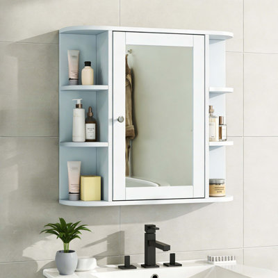 White Bathroom Wall Storage Cabinet With Mirror, Medicine Cabinet With Adjustable Wood Shelf, Doors & 6 Open Shelves