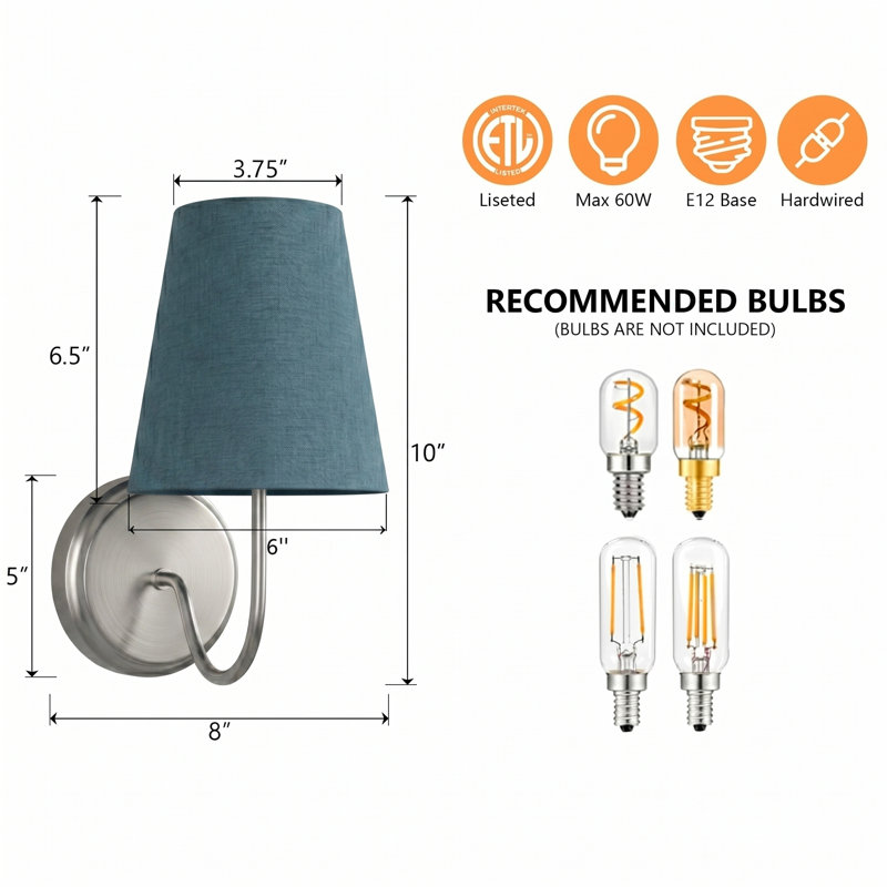 6''W Nickel Dimmable Wall Sconce With Linen Navy Shade, Polished Nickel, Navy