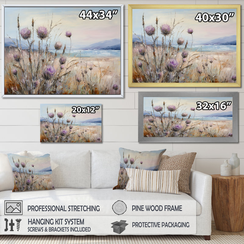 «Purple Thistle Field Farmhouse Charm I», reproduction sur toile, H 34 po x l 44 po x P 1,5 po, Cadre doré simple