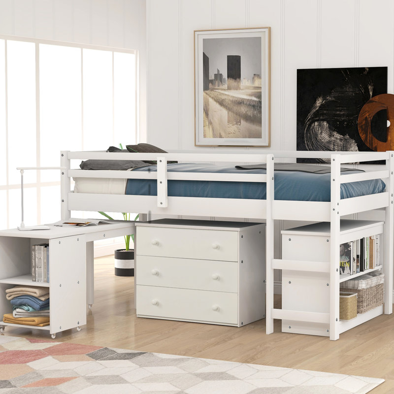 Lit mezzanine simple blanc avec armoire de rangement et bureau mobile, bureau roulant stable - blanc, fabrication fiable