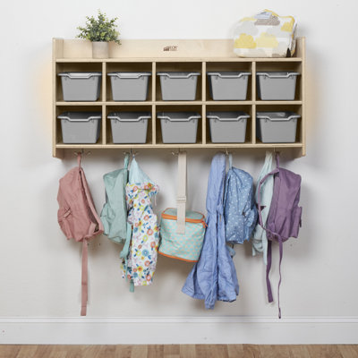 ECR4Kids 10-Section Hanging Coat Locker with Shelf and Scoop Front Storage Bins, Natural, Classroom Furniture -  ELR-17426-LG