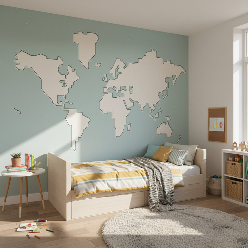 World Map Wallpaper Block Shapes Removable Educational Wall, 108" L x 140" W