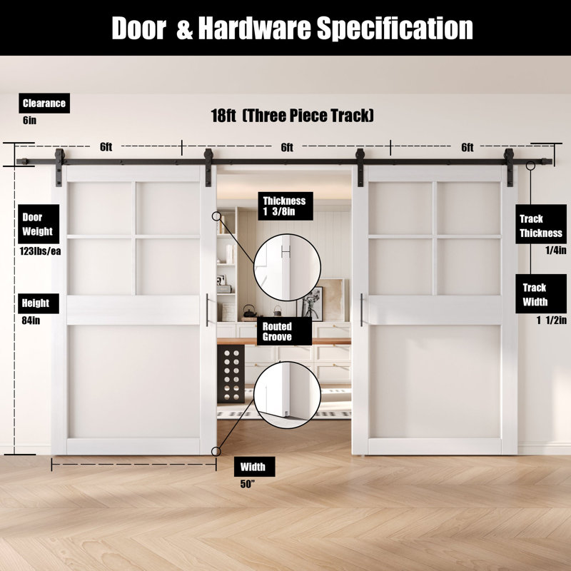 Portes de grange non assemblées et non finies en verre givré 5-en-5 de 84 po x 84 po Homacer Homacer, 50 po x 84 po