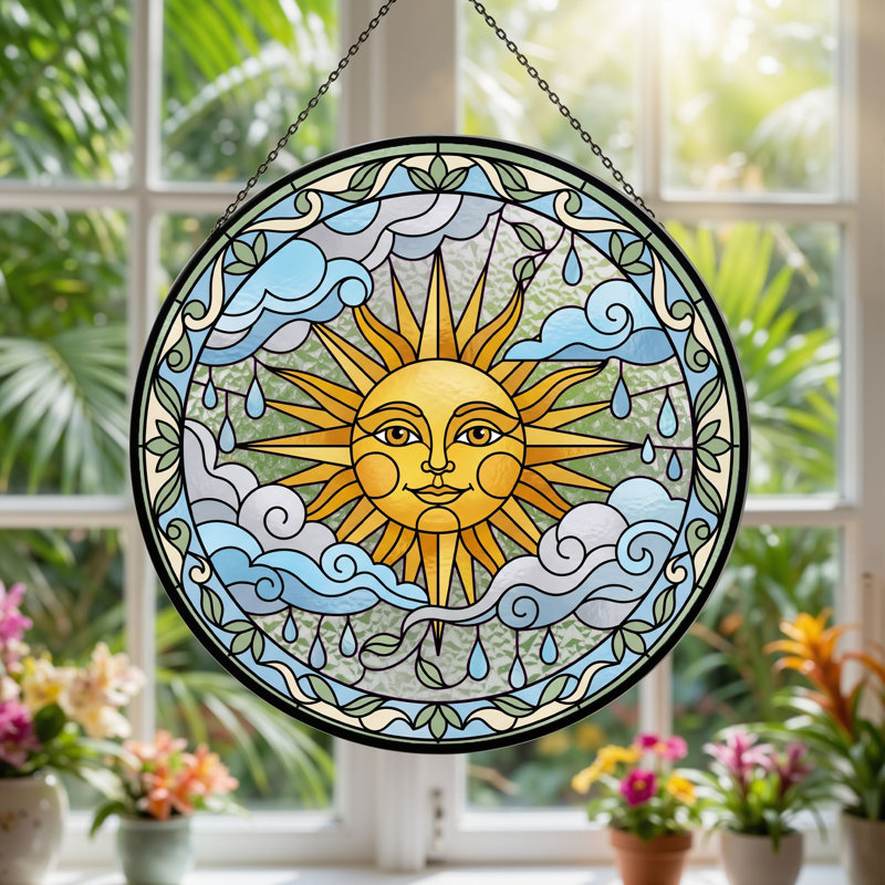 Sun Face Stained Glass Window Panel，7.8H, 7.8"H