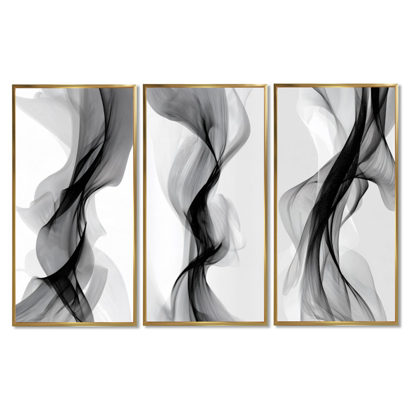 Galaxy Majestic, encre liquide noire et grise - reproduction abstraite sur toile encadrée 3 pièces, 32" H x 48" W