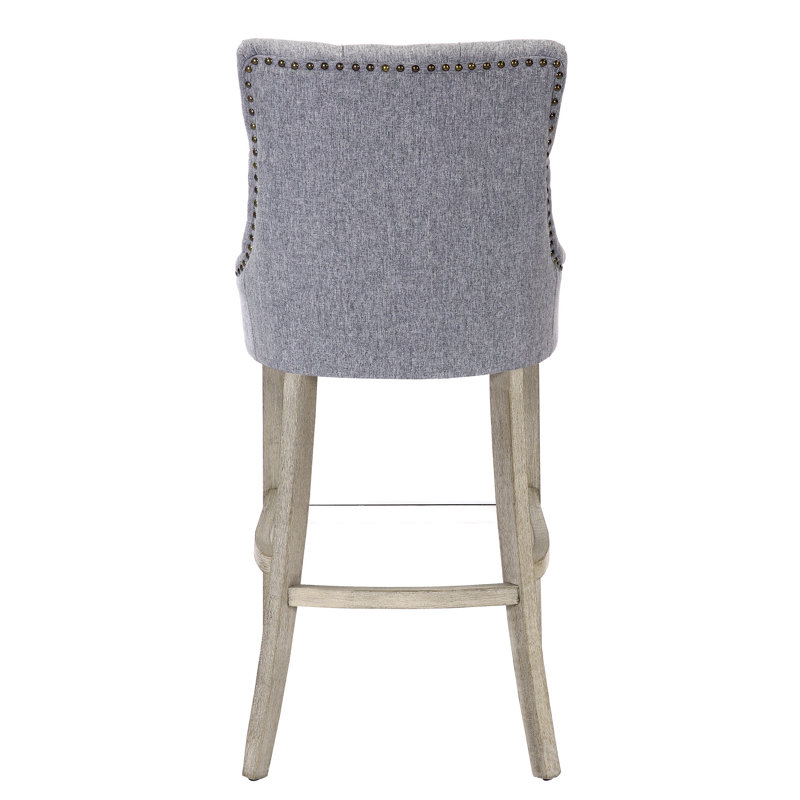Linen Fabric Tufted Upholstered Counter Stool, Gray Linen/Antique Gray Frame, Bar Stool (29” Seat Height)