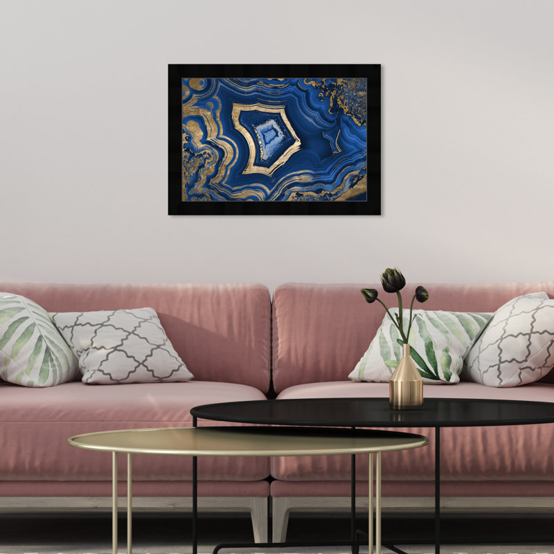 Blue And Gold Abstract " Blue And Gold Abstract Geode " by Oliver Gal, Black Framed, 12" H x 12" W