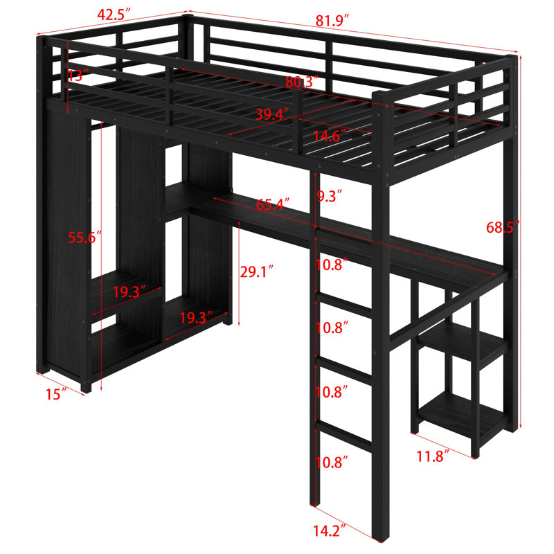Lit mezzanine avec garde-robe intégré, bureau et tablettes de rangement