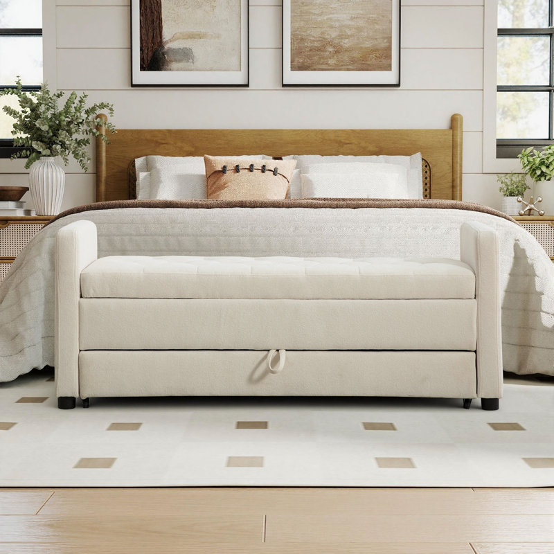 58" W Upholstered Two-Tier Storage Bench with Lift-Top & Drawer, Beige