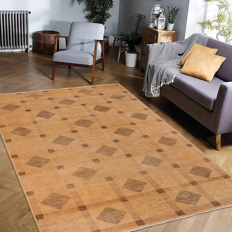 Tapis brun clair en laine noué à la main à motif géométrique 9 pi 8 po x 14 pi 4 po Paralee
