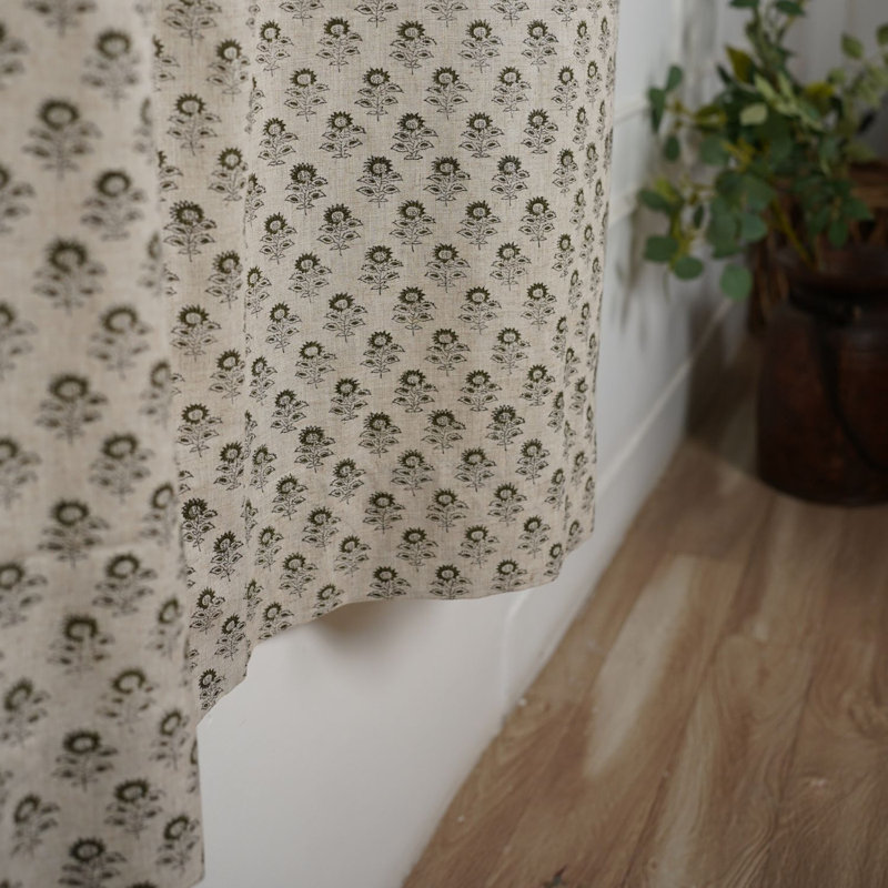 Rideau en lin vert à motif floral imprimé à la main Bagru Buti, L 54 po x L 24 po