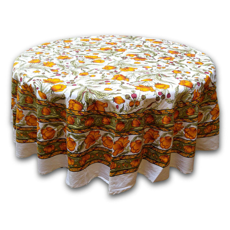 Grinnell French Floral Cotton Tablecloth, 70" Round, Amber White