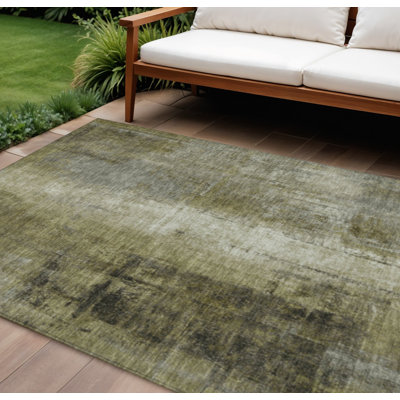 8' X 10' Olive Green And Ivory Abstract Washable Indoor Outdoor Area Rug