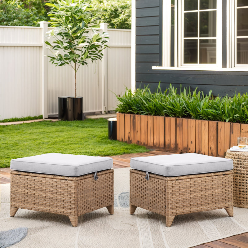 Ensemble de 2 repose-pieds en rotin avec coussins amovibles en osier pour patio, Beige, Jaune