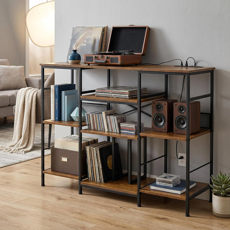 Support de platine vinyle à 3 niveaux de style milieu du siècle, rangement pour vinyles, CD et DVD, brun, Brun