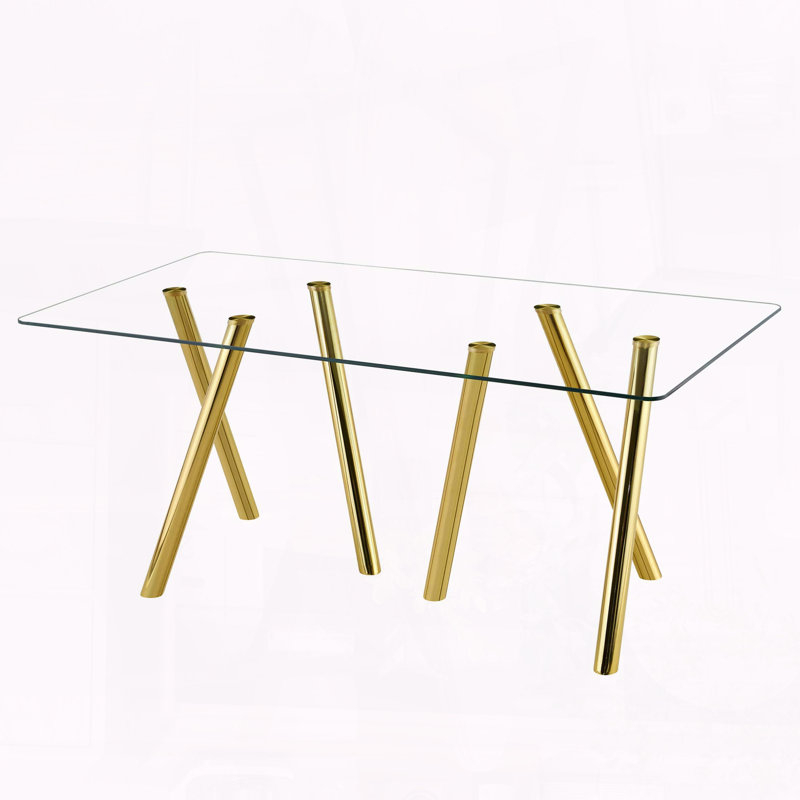71" Rectangular Dining Table for 6-8 with Tempered Glass Top & Gold Metal Legs, Six Metal Legs, 30" H x 71" L x 35.50" W