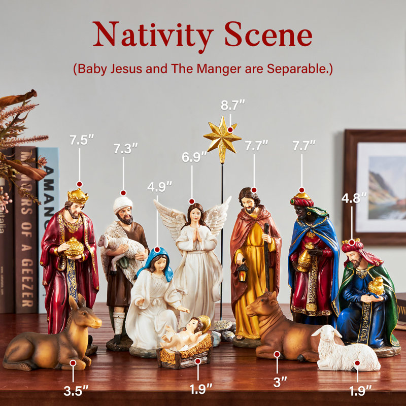 13 pièces de figurine de crèche de luxe en résine, ensemble de crèche de Noël de 7,9 po pour Noël, 7.9" H x 2.8" W x 2.2" D