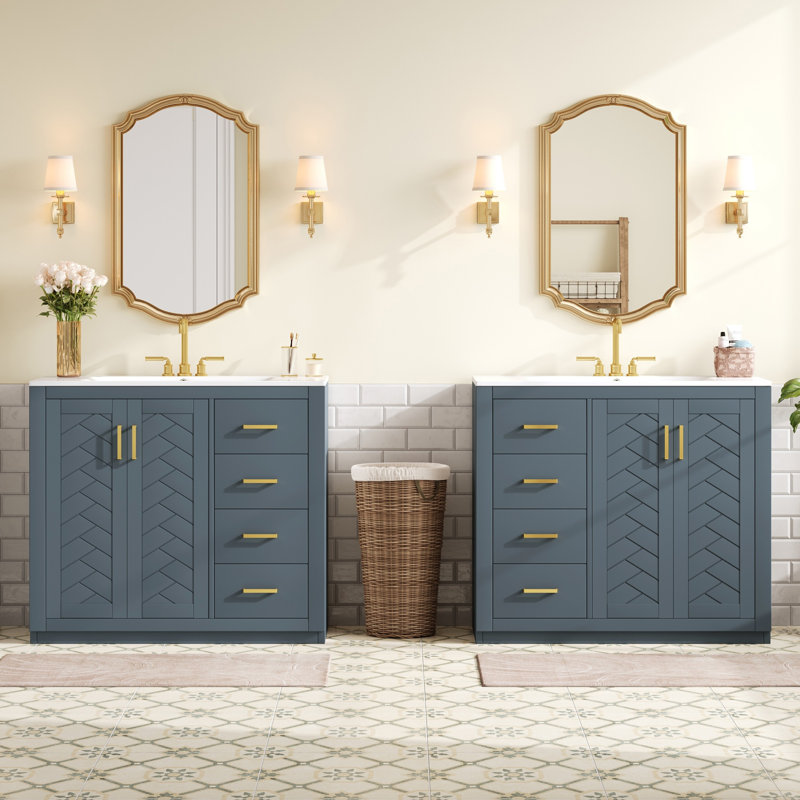 Meuble-lavabo 72 po avec lavabo en céramique, Bleu / doré