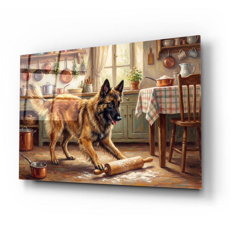 Art mural en verre 24 po x 16 po «Belge Malinois dans la cuisine» par Rich Monet, H 16 po x l 24 po