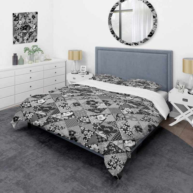 Silver And Black Patchwork Polyester Patchwork Duvet Cover, King Duvet Cover + 2 King Shams