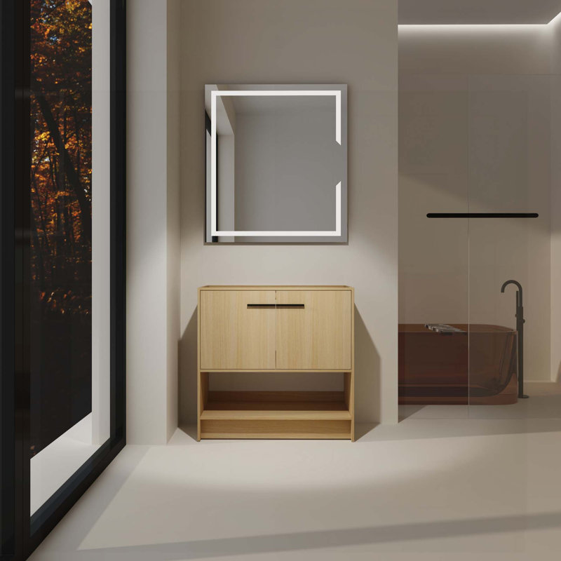 Meuble-lavabo autoportant élégant avec rangement ouvert et fabrication en contreplaqué durable, Chêne