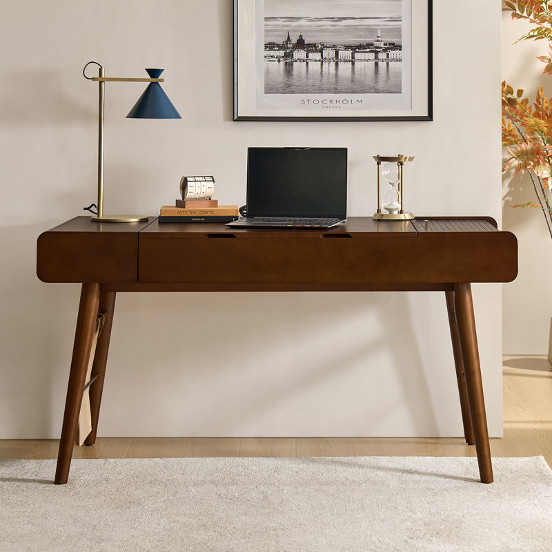 Virma 60.25" W Mid-Century Lift-Top Writing Desk with Built-In Outlets , Walnut