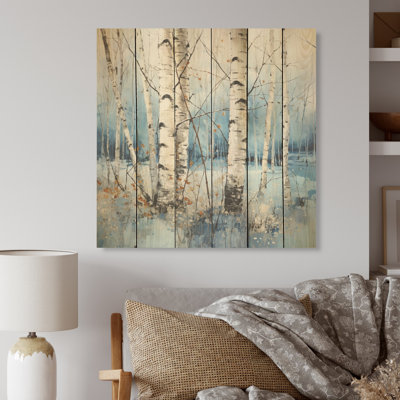 Bouleau blanc et bleu en hiver I - Art sur bois de bouleau naturel sur bois de pin naturel