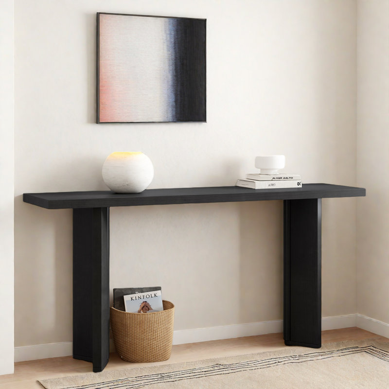 Console moderne avec structure de forme géométrique et grain de bois, Noir