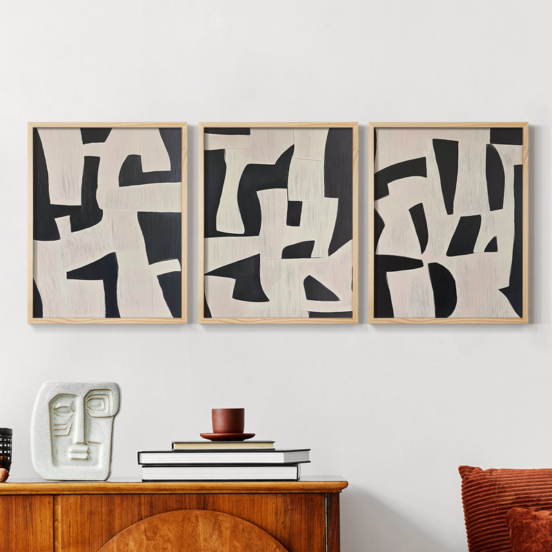Abstract  Series  CXCV  -Set Of 3 Framed Giclee Prints -Ready to Hang, 10" H x 24" W, Natural