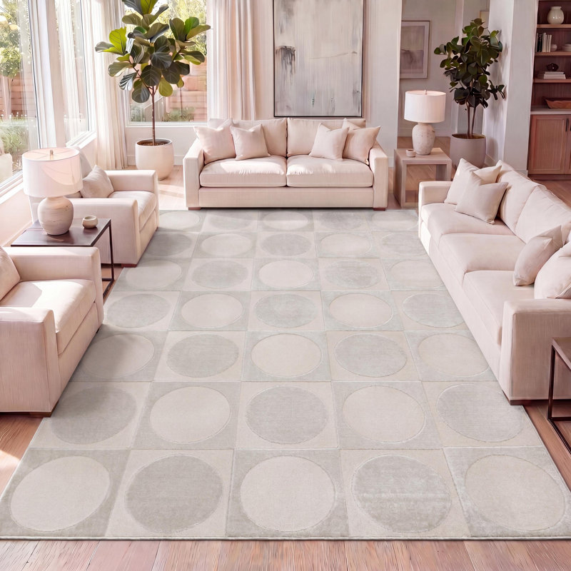 Makhia Modern Geometric Circles In Squares High-Low White/Cream Rug, Rectangle 5'3" x 7'7"