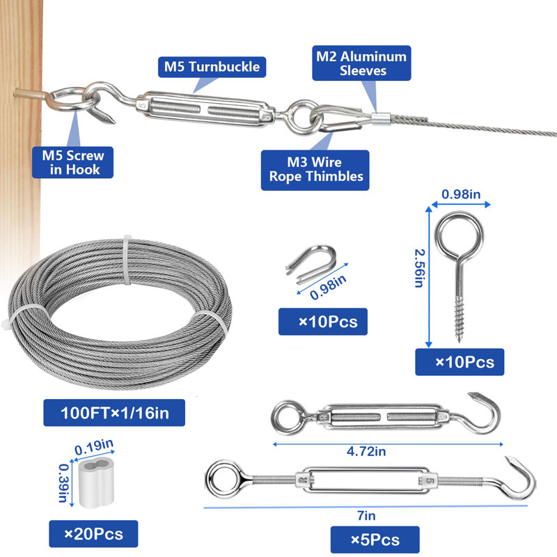 100ft 1/16" Stainless Steel String Light Hanging Kit - Vinyl Coated Heavy-Duty Adjustable Turnbuckle Hardware for Patio, Garden & Plant Support