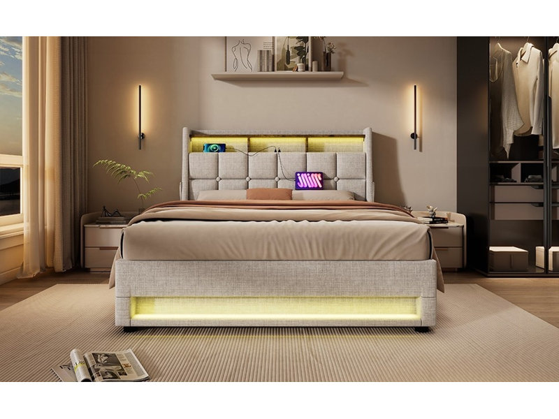 Grand lit plateforme tapissier avec rangement hydraulique, DEL et amp; USB - aucun sommier requis, support solide, Naturel